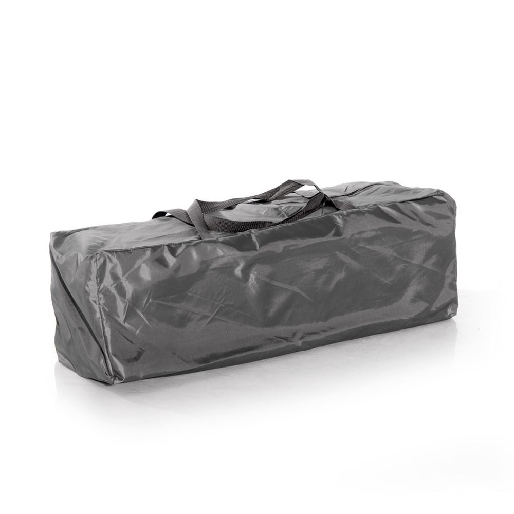 Una bolsa de viaje rectangular gris con asas, sobre una superficie blanca.