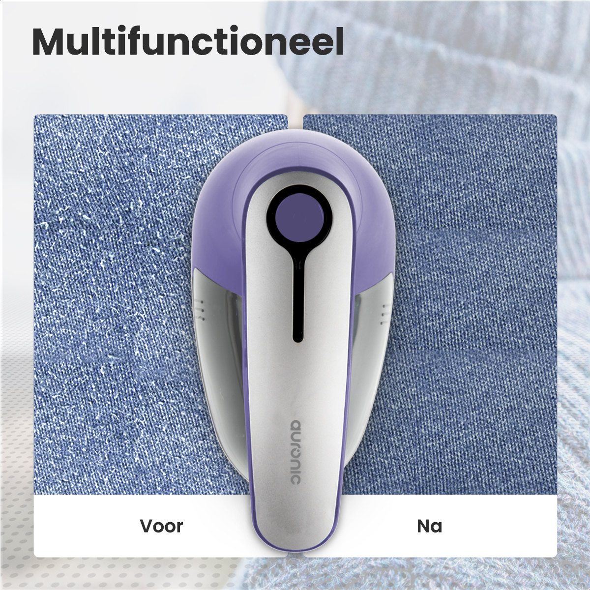 Stoffenscheerapparaat op denim. Toont voor en na resultaten van het scheerapparaat.