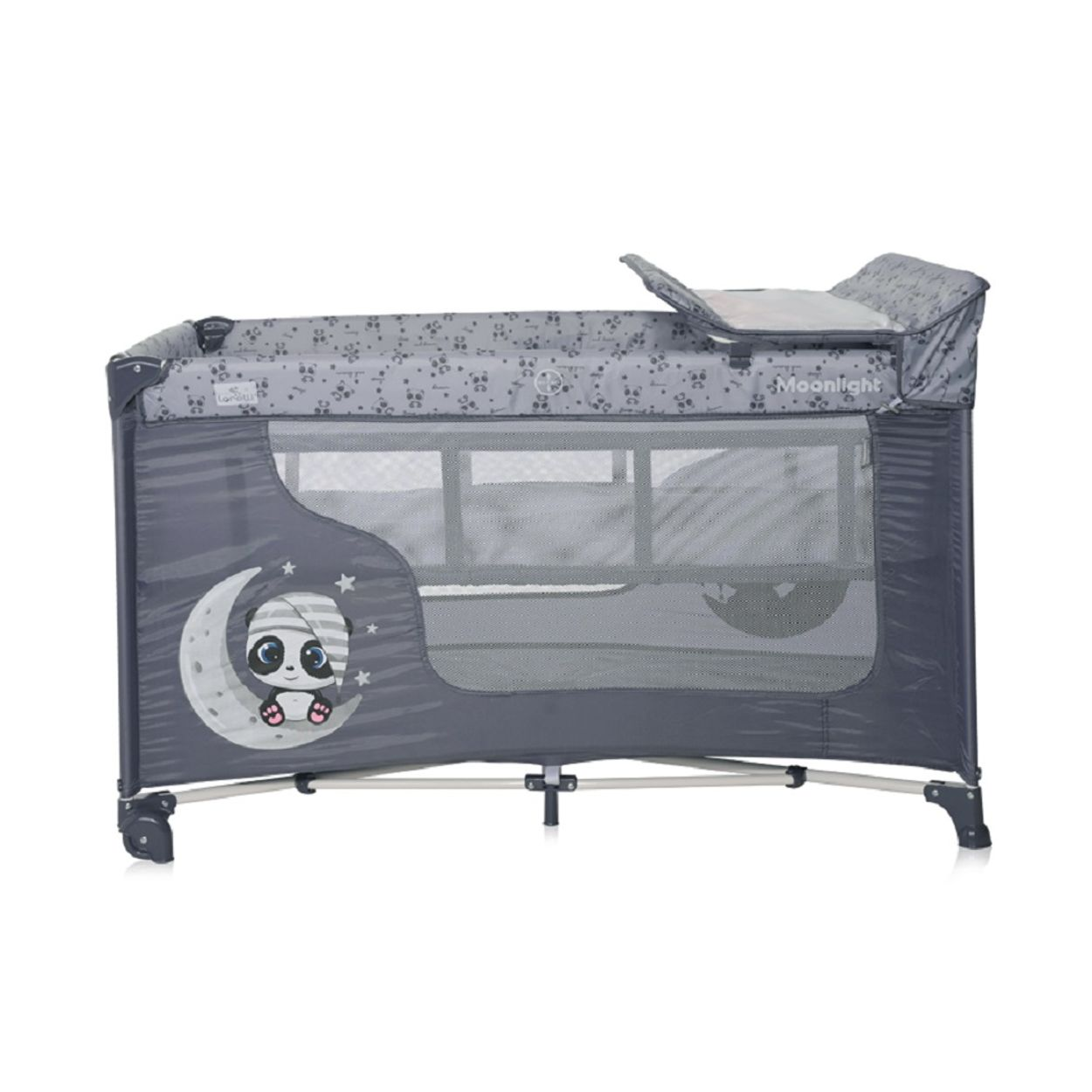Dunkelgraues Babybett mit Netzwänden, Panda-Design und sichtbarer Matratze.