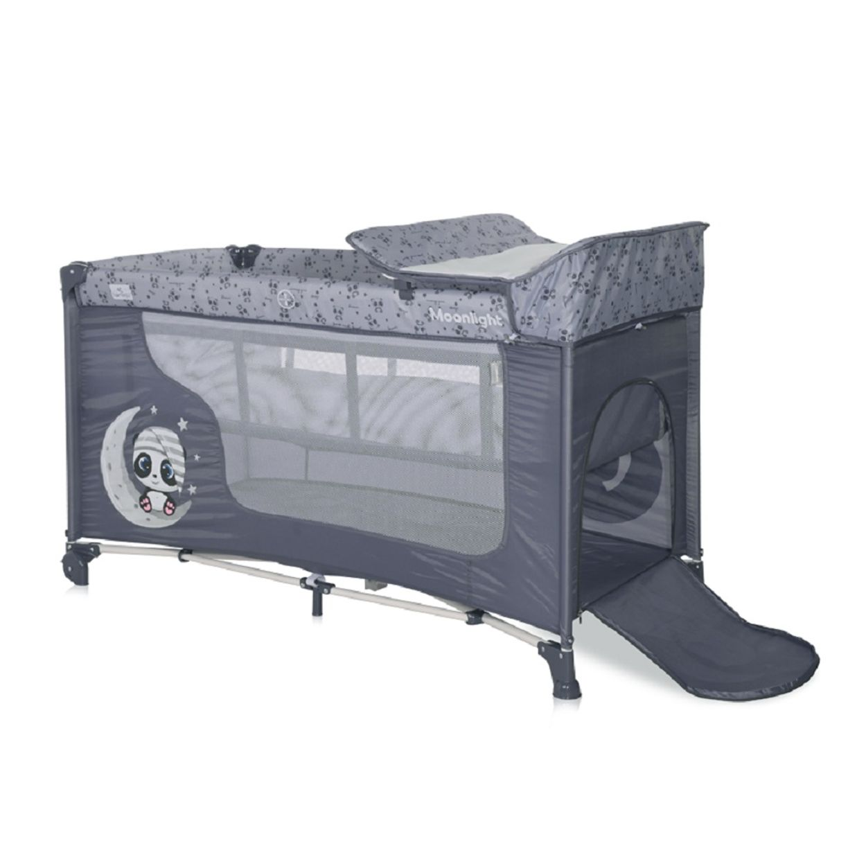 Dunkelgraues Babybett mit Netzwänden, Panda-Design und sichtbarer Matratze.