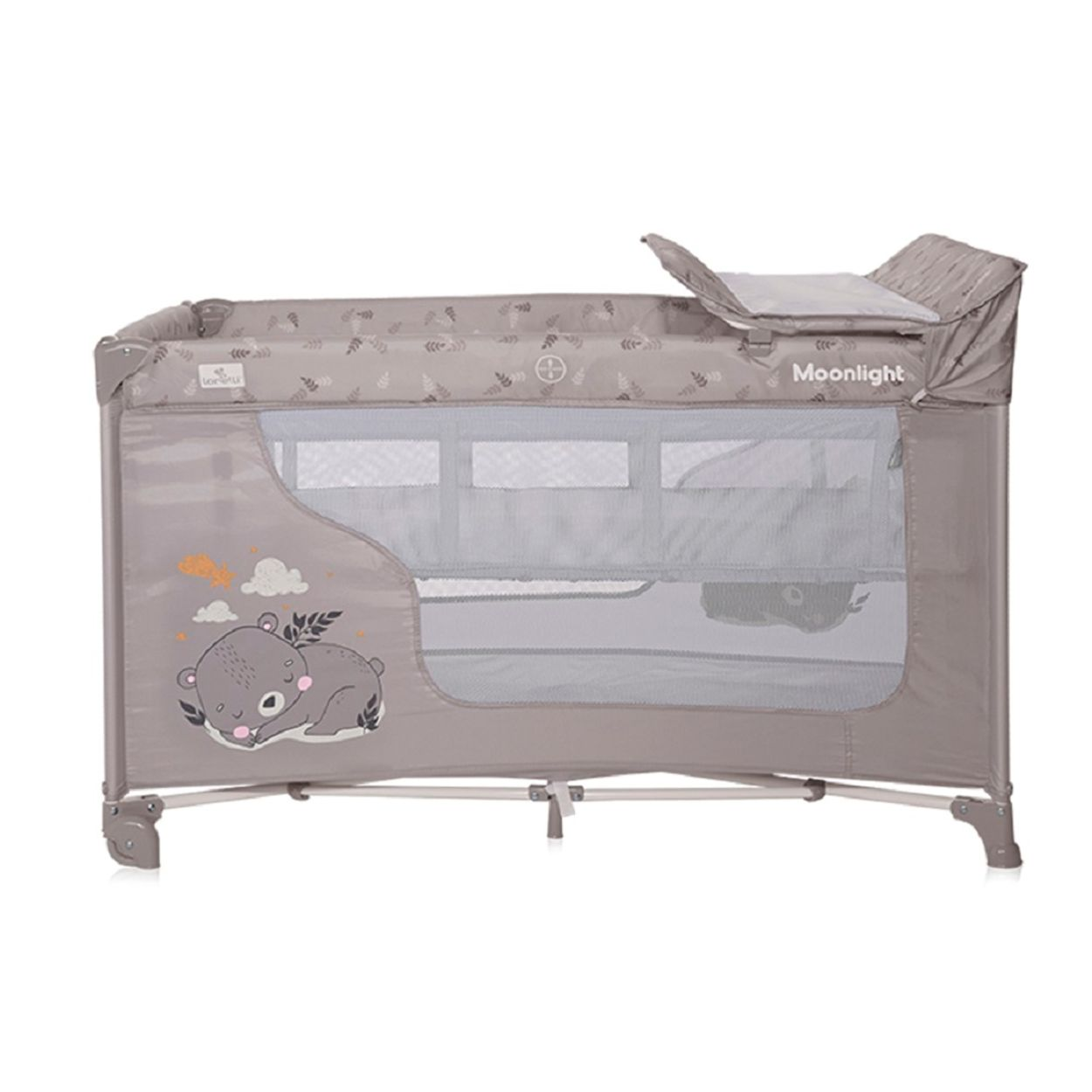 Graues Babybett mit Netzwänden, Hippo-Design und sichtbarer Matratze.