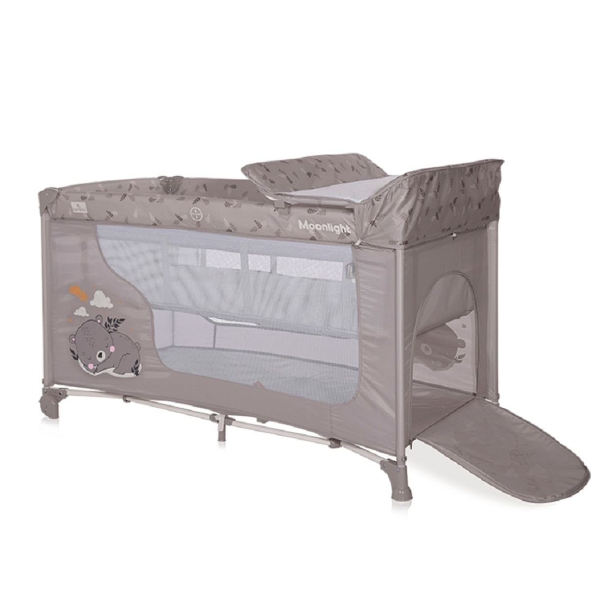Graues Babybett mit Netzwänden, Hippo-Design und sichtbarer Matratze.