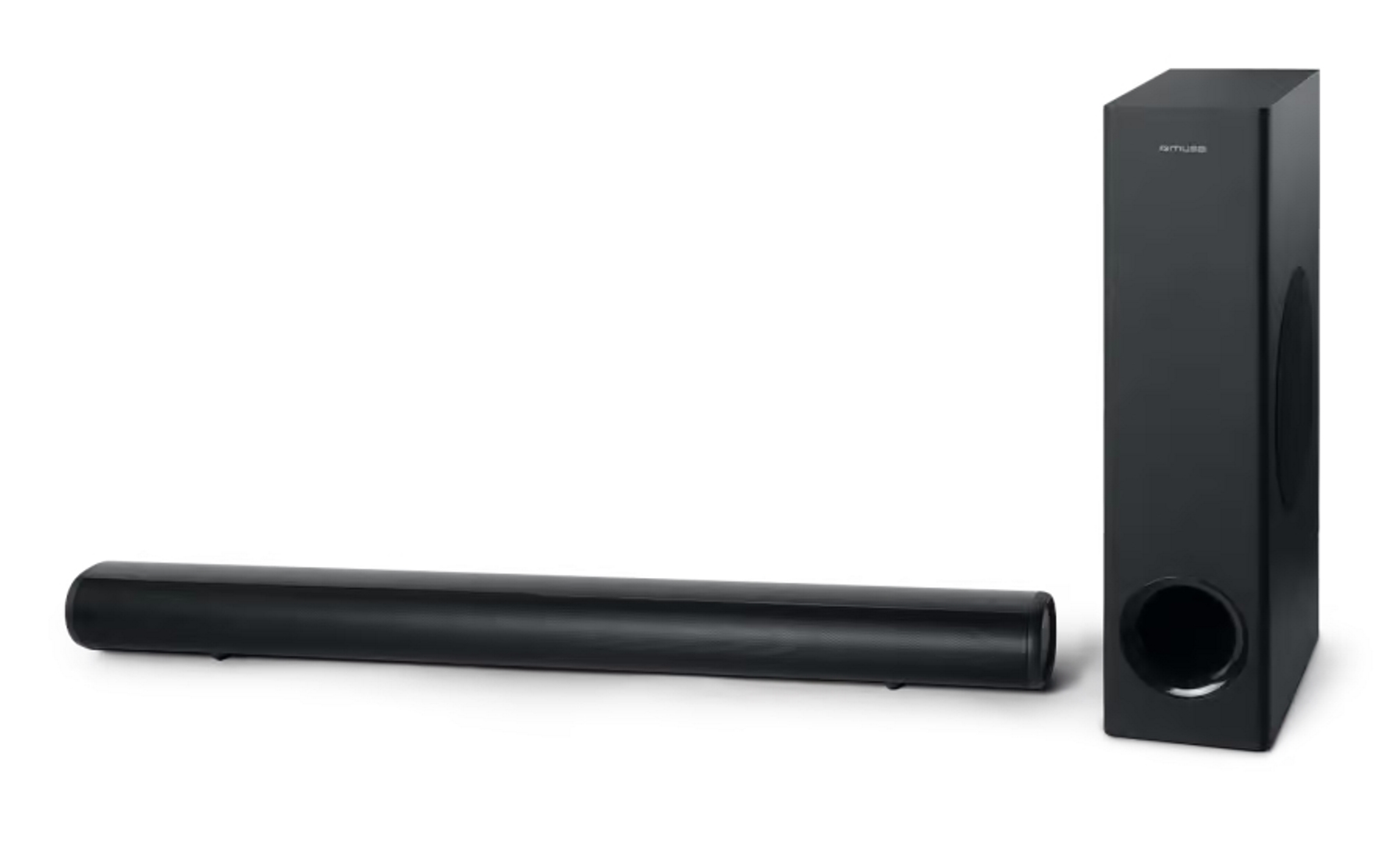 Set di soundbar e subwoofer neri su sfondo bianco.