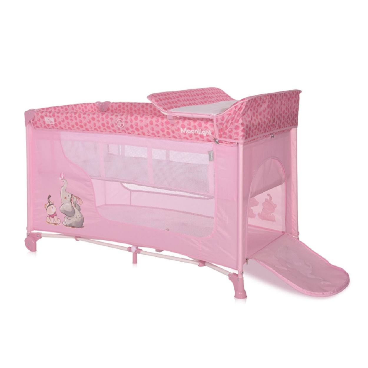Rosa Baby-Laufgitter mit Wickelstation und offener Seite. Weißer Hintergrund.
