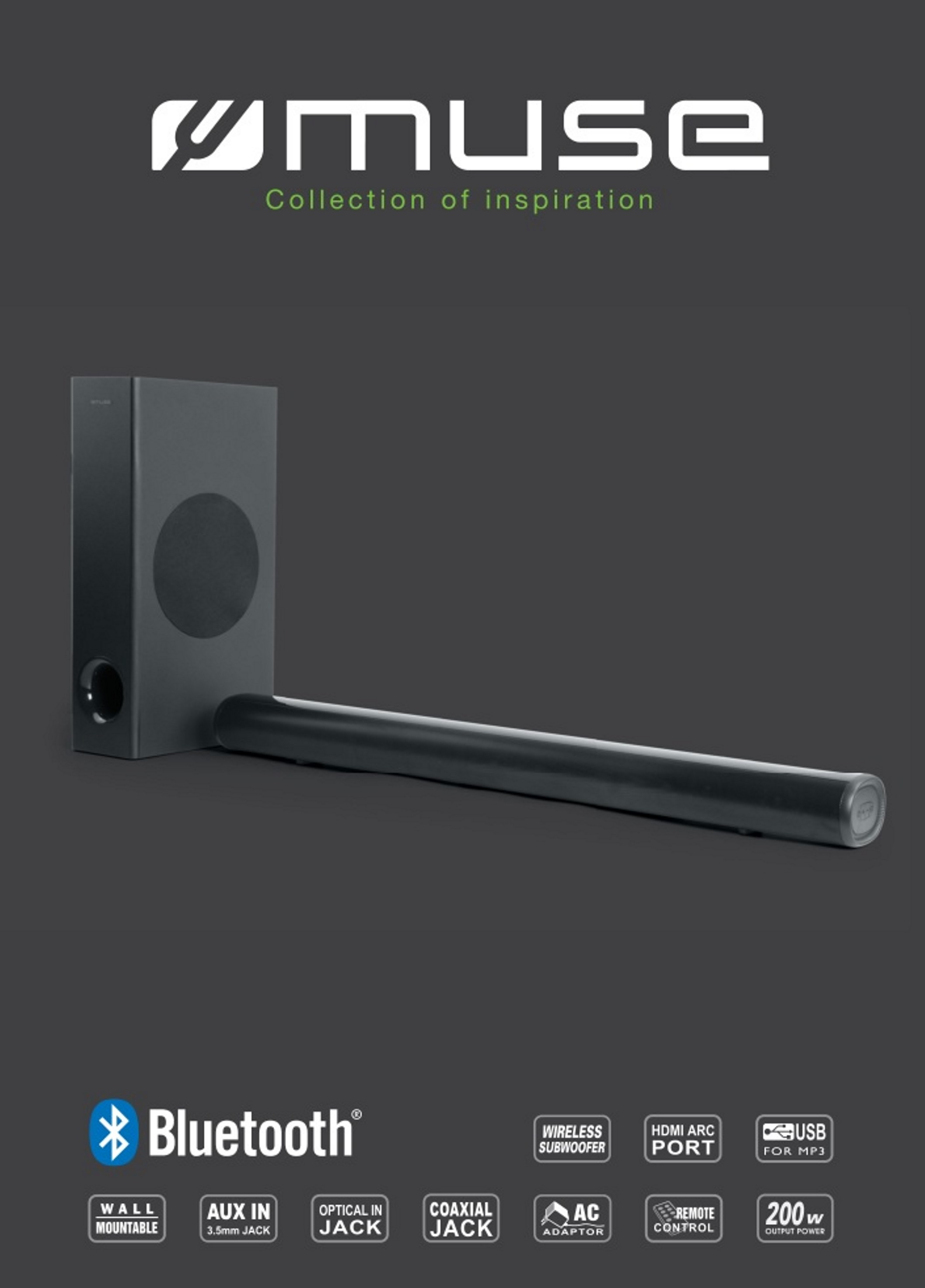Soundbar nera con subwoofer. Sfondo bianco. Pubblicità del prodotto.