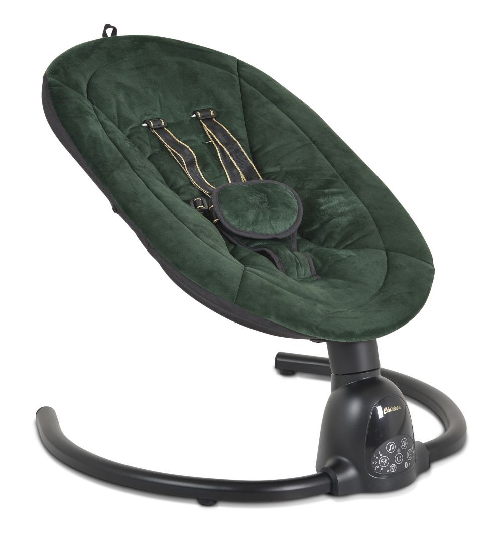 Dunkelgrüne Babyschaukel mit schwarzem Gestell und Gurten. Isoliert auf weißem Hintergrund.