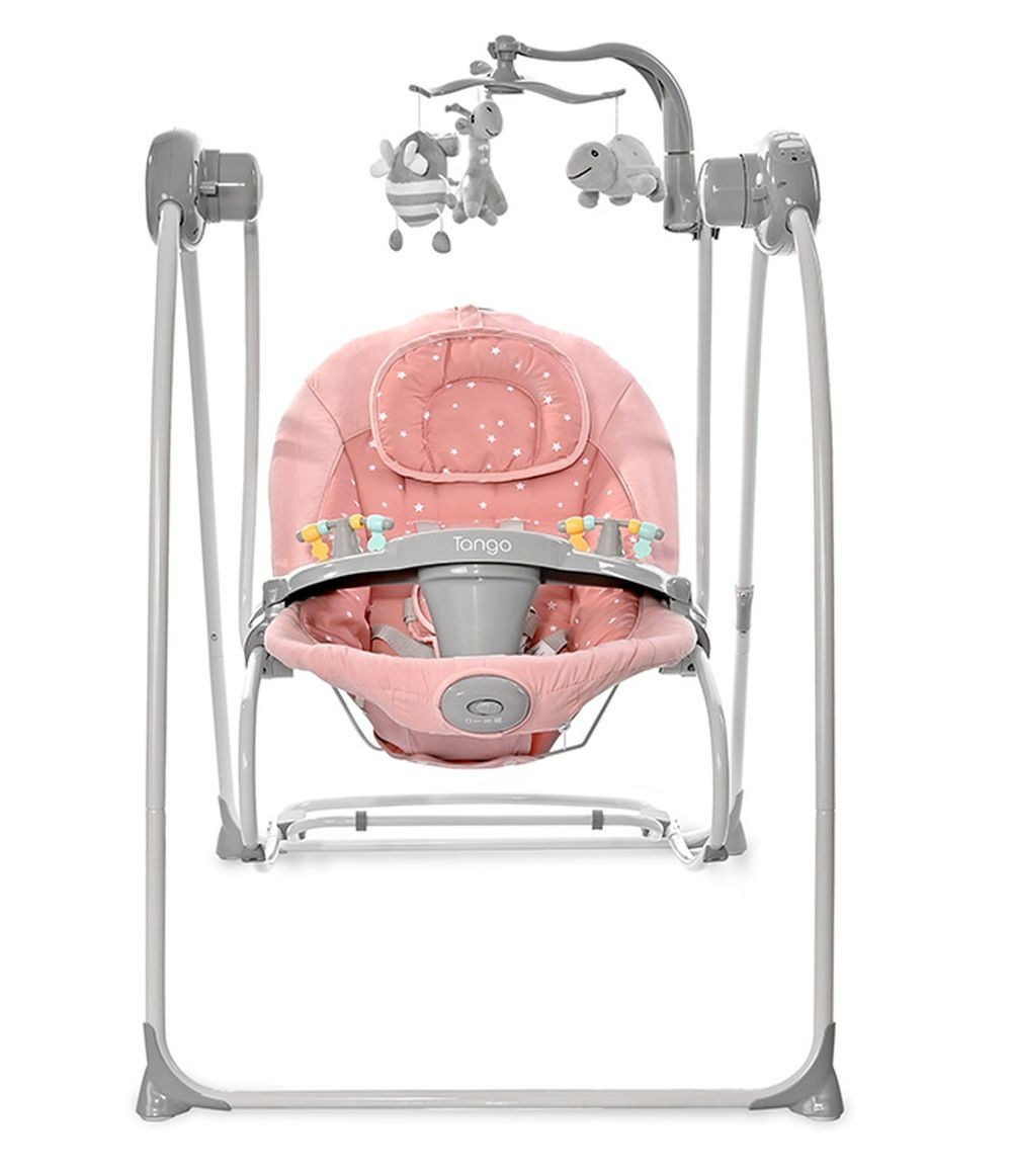 Una hamaca para bebé rosa con juguetes y un marco gris.