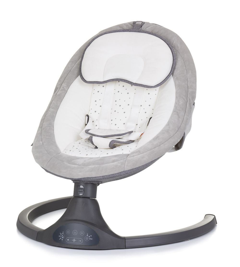 Graue Babyschaukel mit weißem Innenraum und Sterndetails. Die Basis ist dunkelgrau.