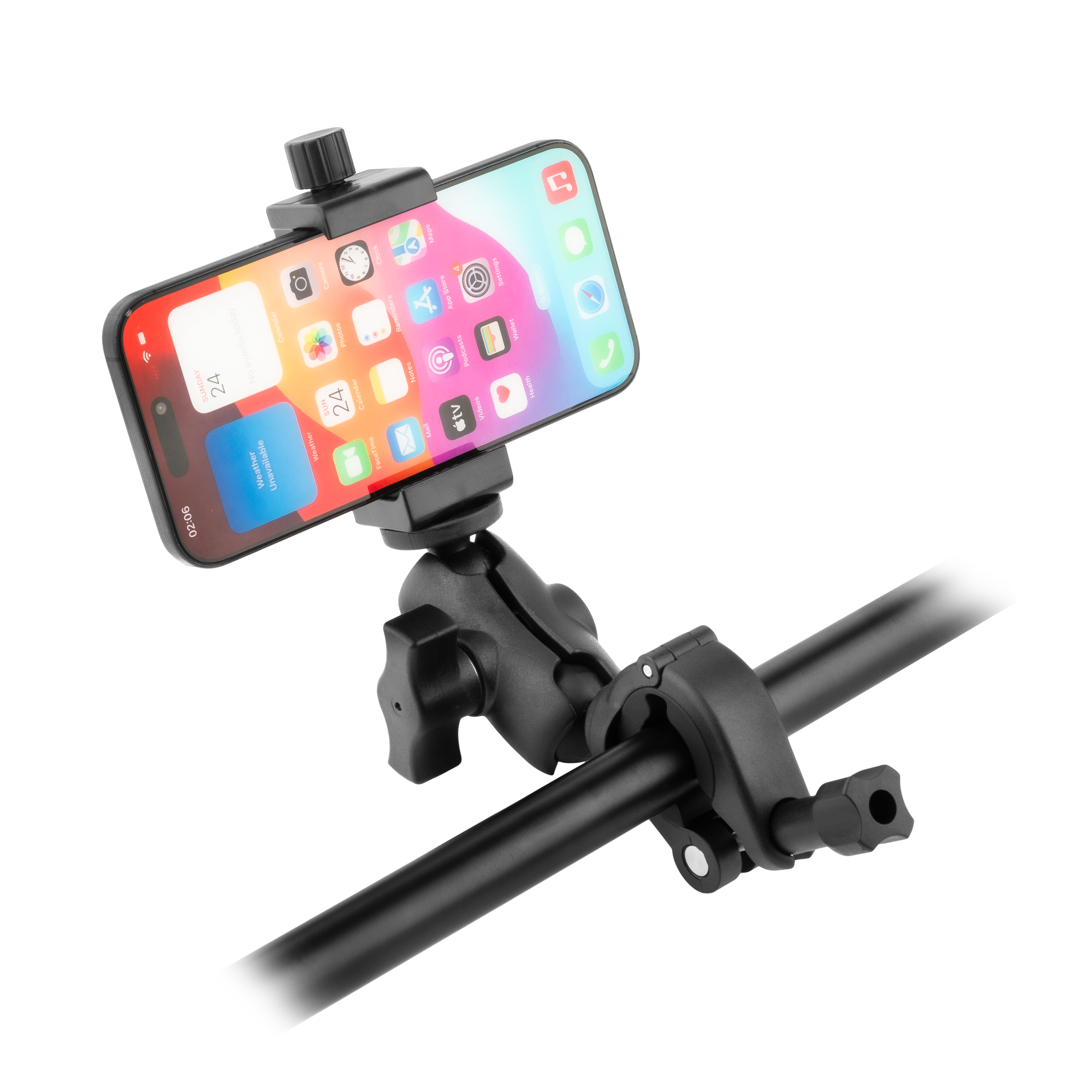Een zwarte telefoonhouder houdt een telefoon met een open kalender vast. De houder is op een zwarte balk gemonteerd.