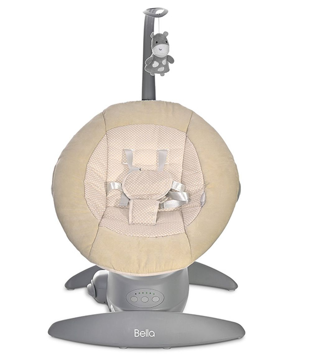 Babyschaukel mit beigem Sitz, grauem Sockel und Nilpferdspielzeug. Funktionen: Wiegen und Musik.