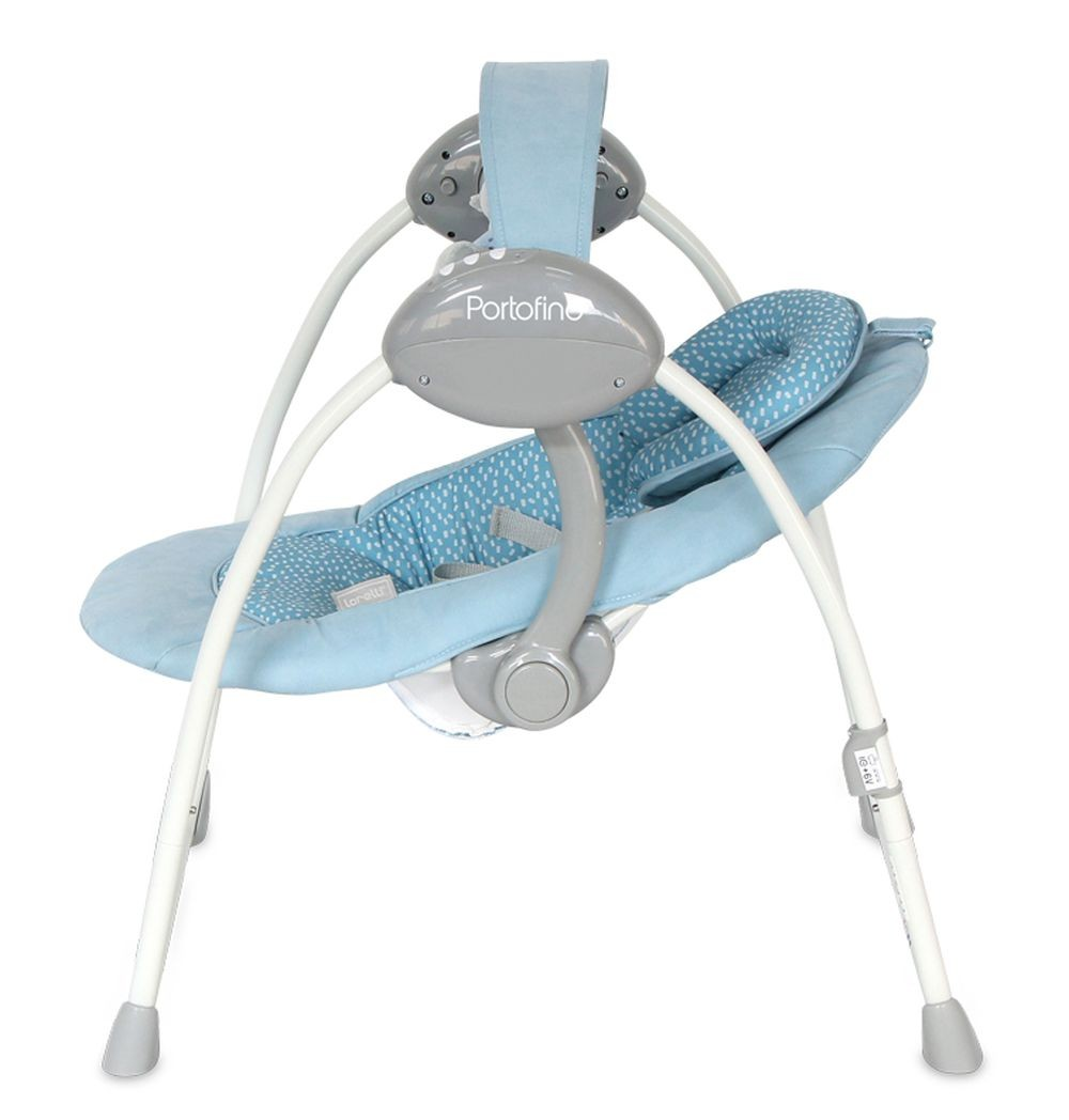 Un columpio para bebés azul con asiento azul y blanco a lunares y marco gris.