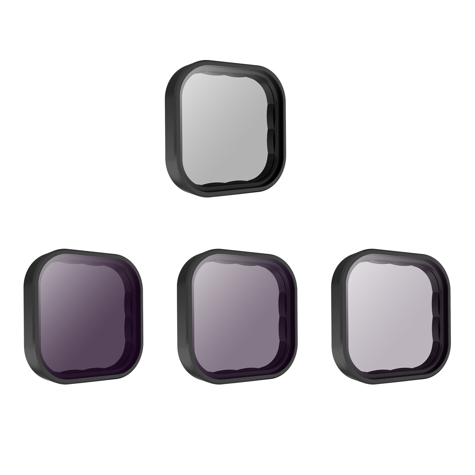 Quatre filtres d'objectif de caméra noirs : transparent, violet, gris et gris.