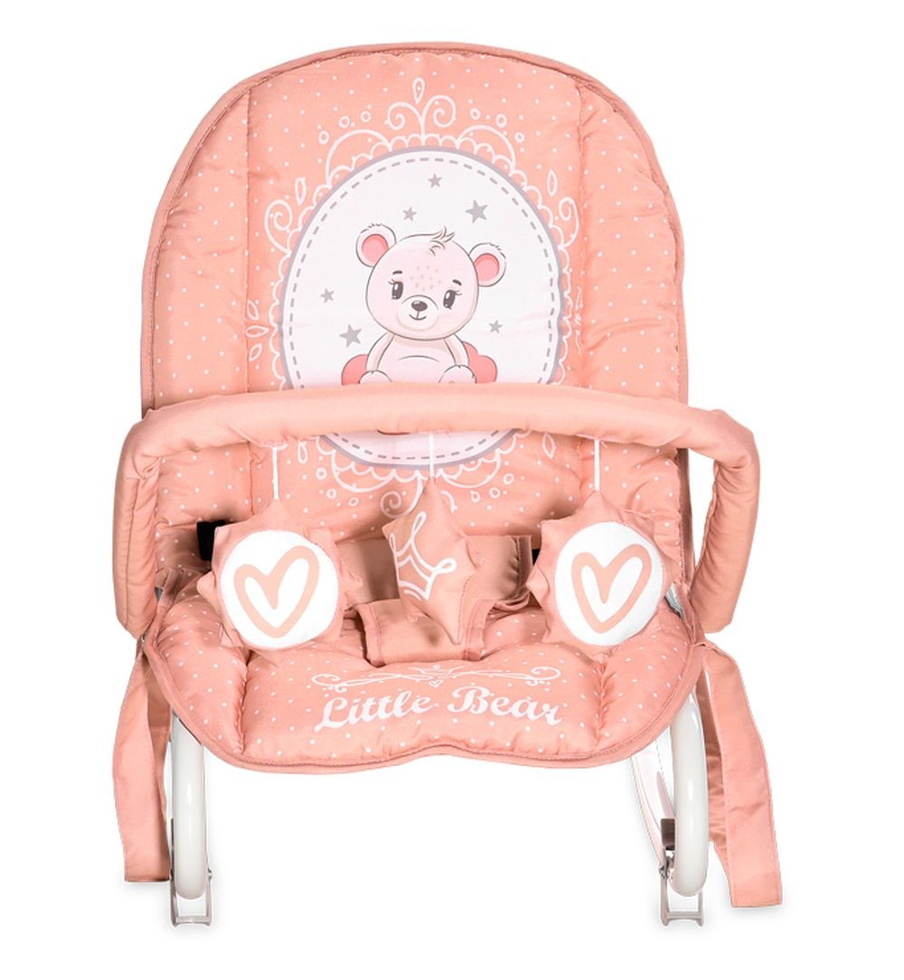 Mecedora rosa para bebé con diseño de oso. Vista frontal. Fondo blanco.