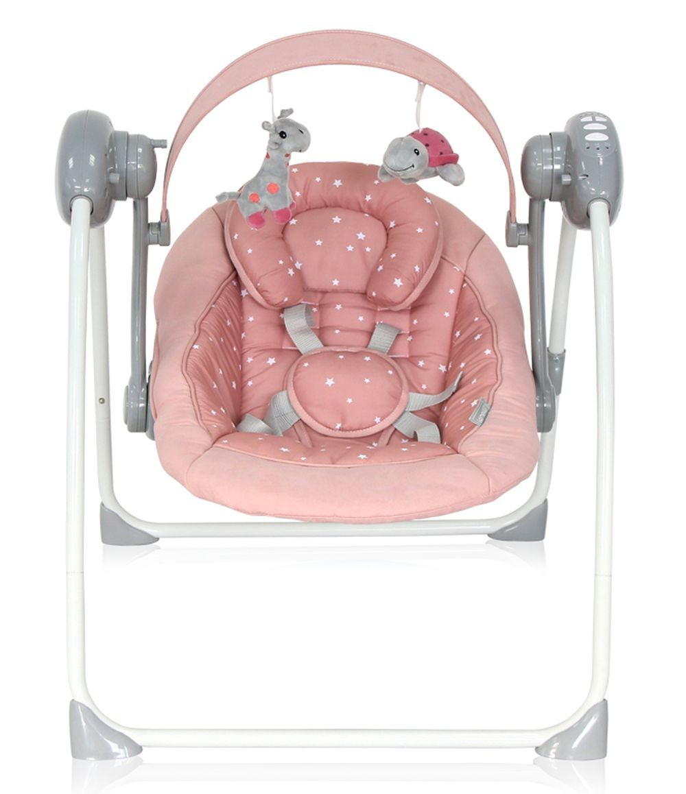 Columpio para bebés con asiento rosa, marco blanco y juguetes colgantes: jirafa y tortuga. Detalles grises a los lados.