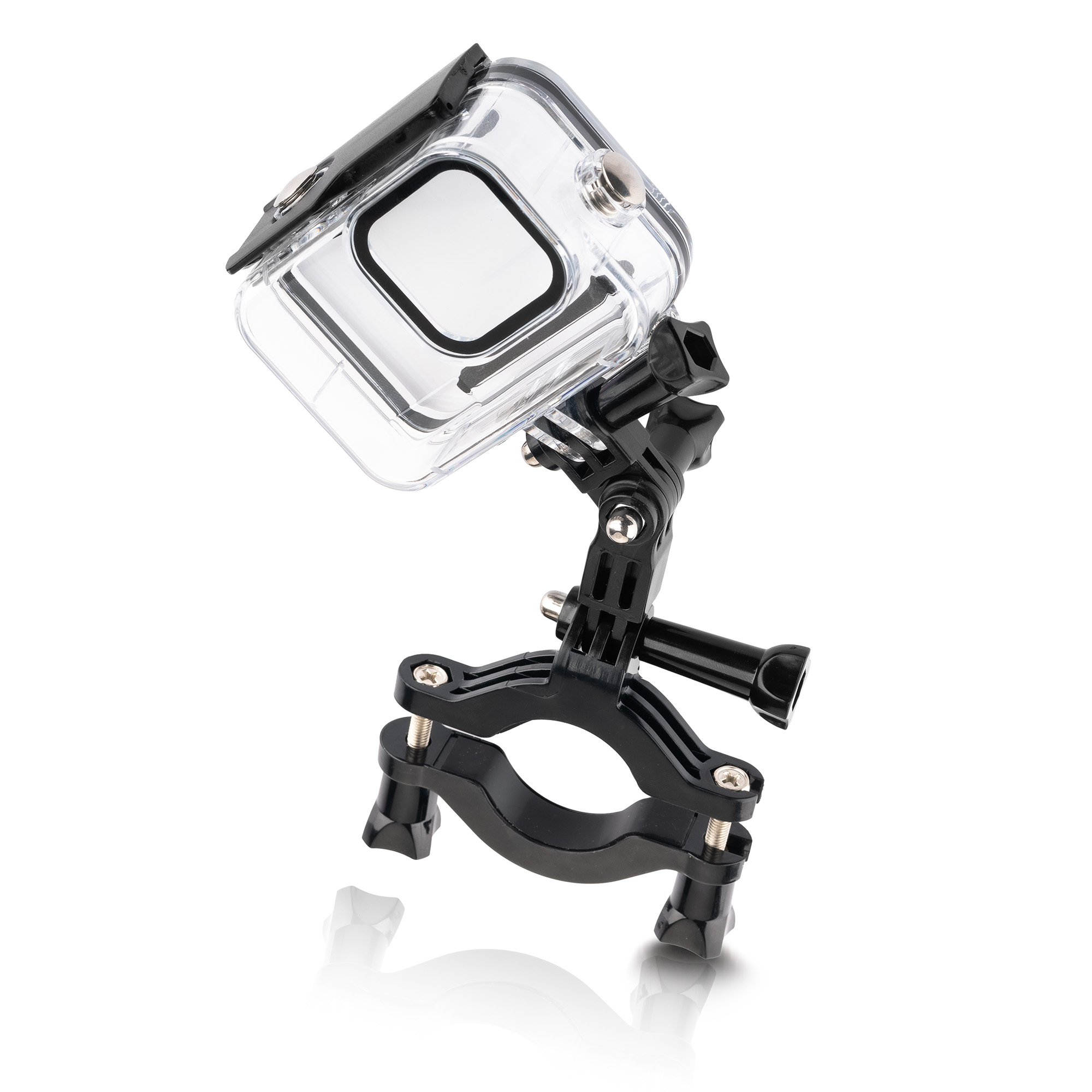 Black waterproof camera case. It has a clear front cover. It is attached to a bike mount.
