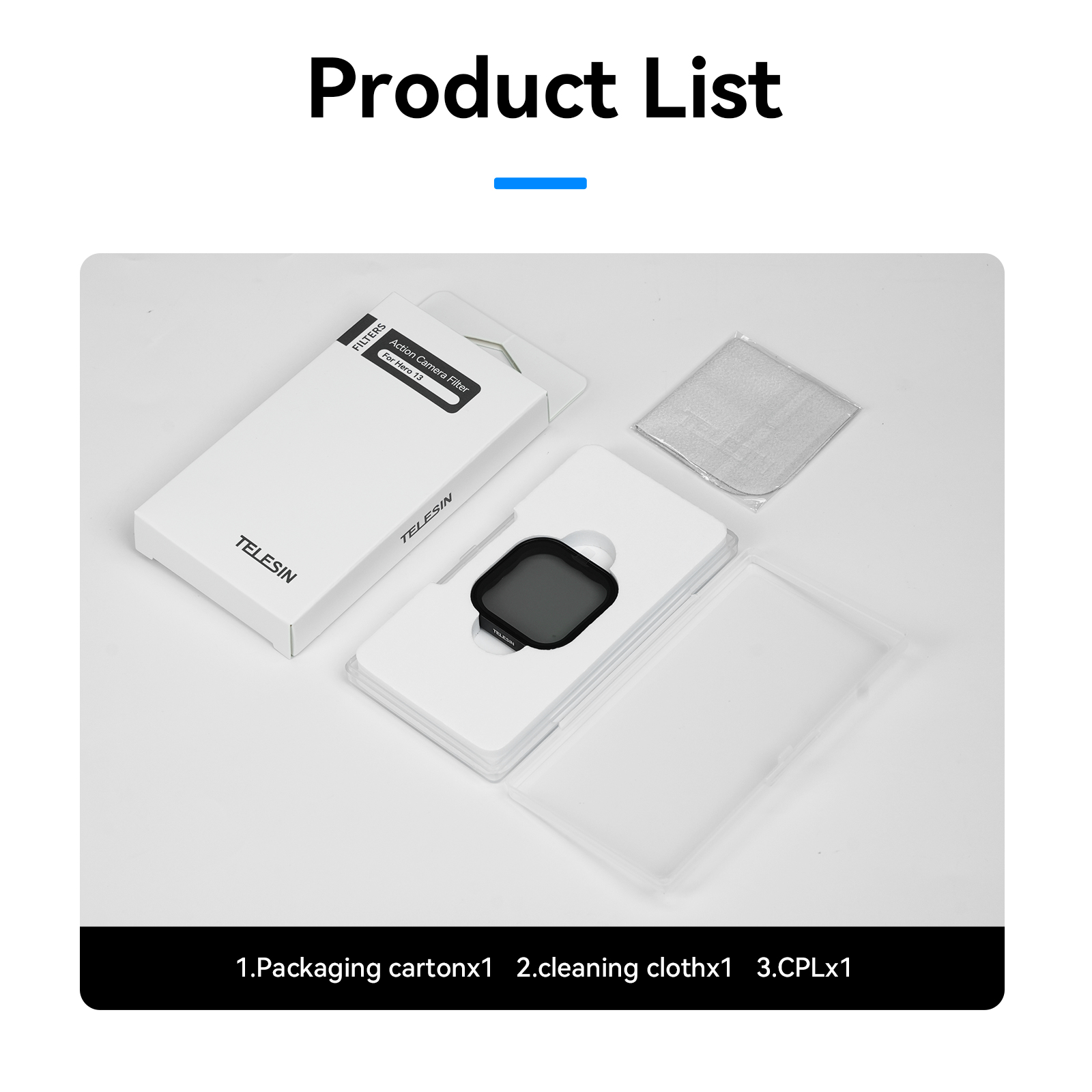 Een productlijst met een doos, een schoonmaakdoek en een filter voor een actiecamera.