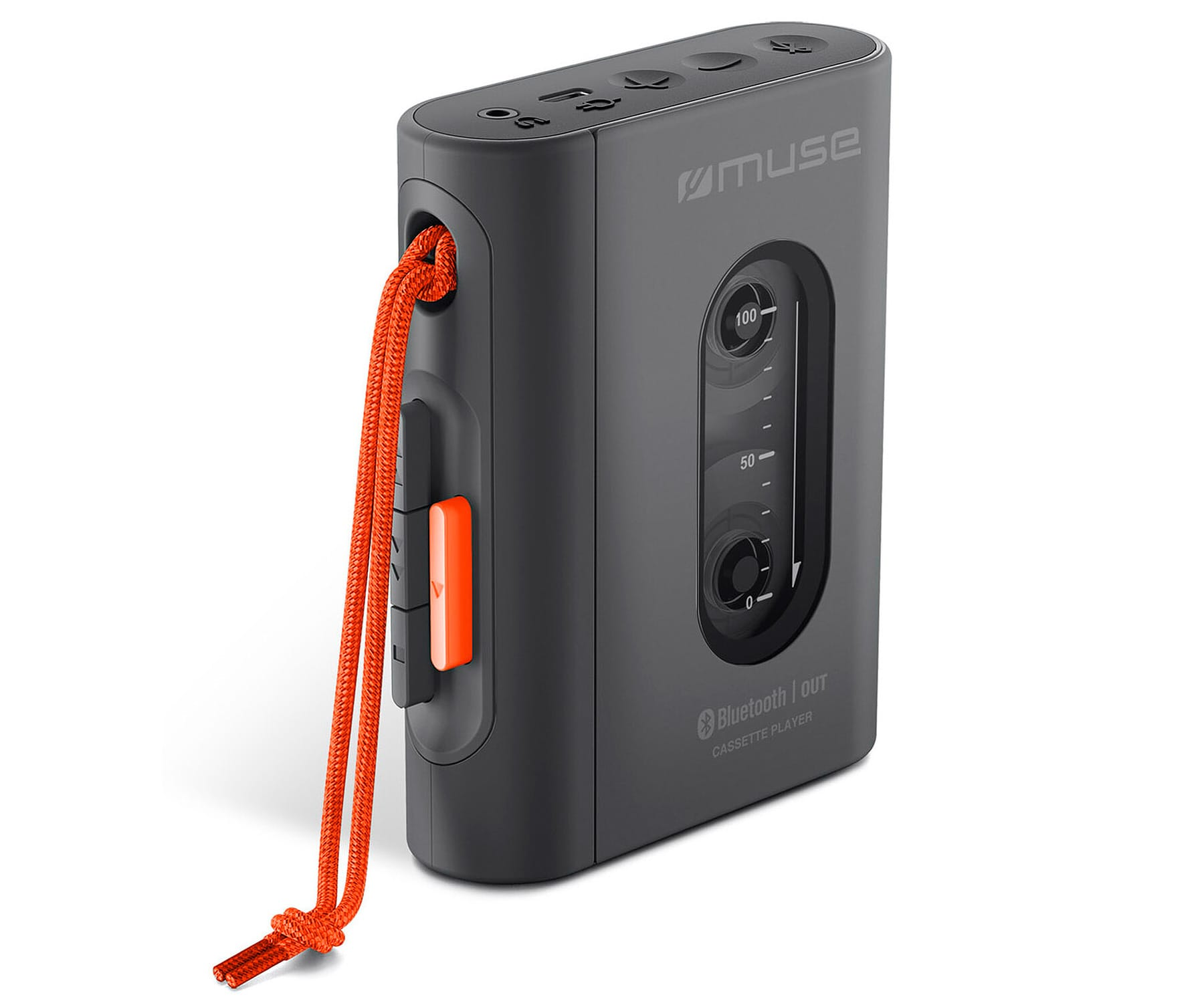 Un lettore di cassette grigio scuro con cinturino arancione e manopola del volume.