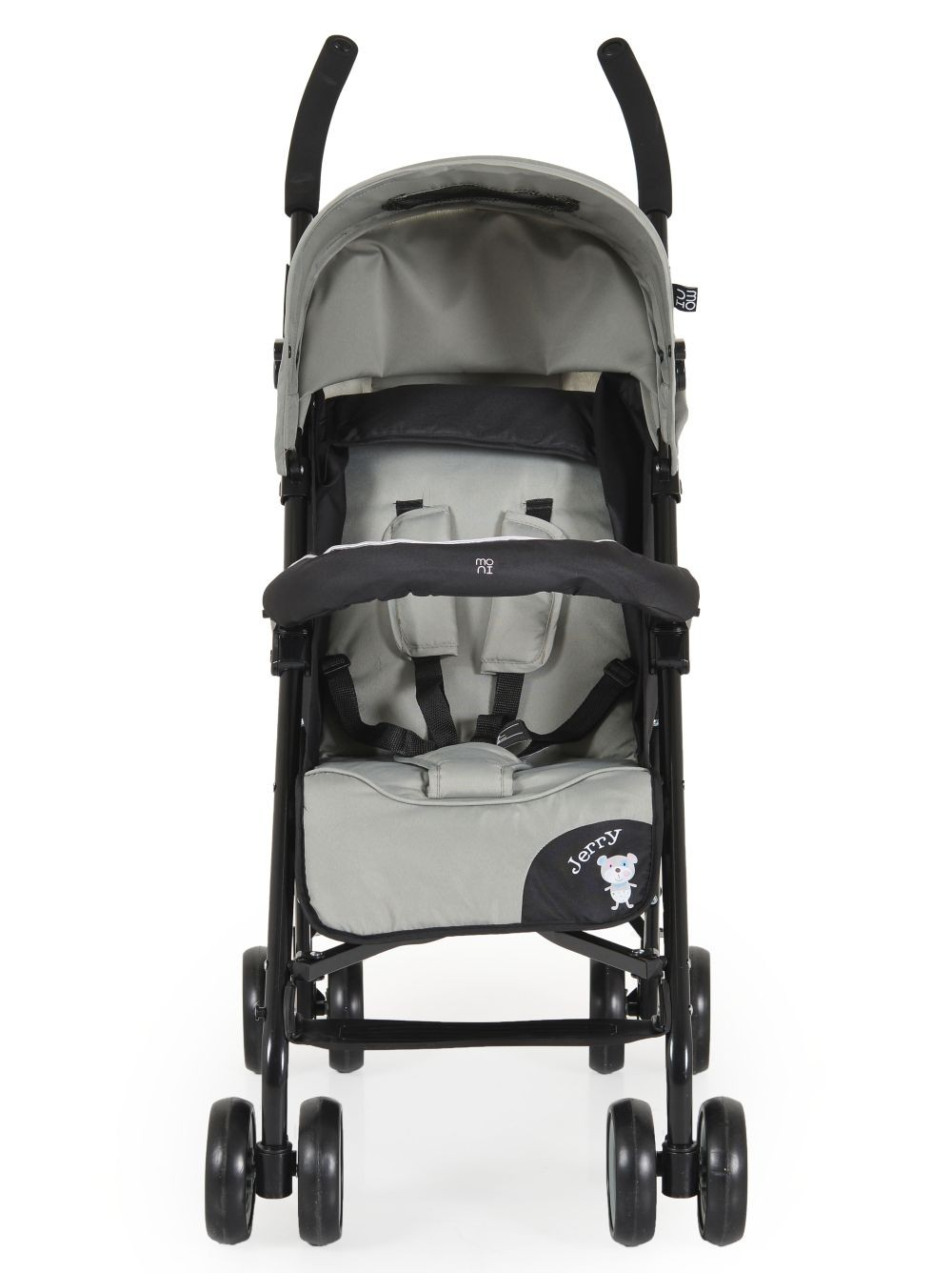 Grauer Kinderwagen mit schwarzem Rahmen und Rädern. Hat einen schwarzen Sitz und ein Bär-Design. Der Kinderwagen ist aufrecht.