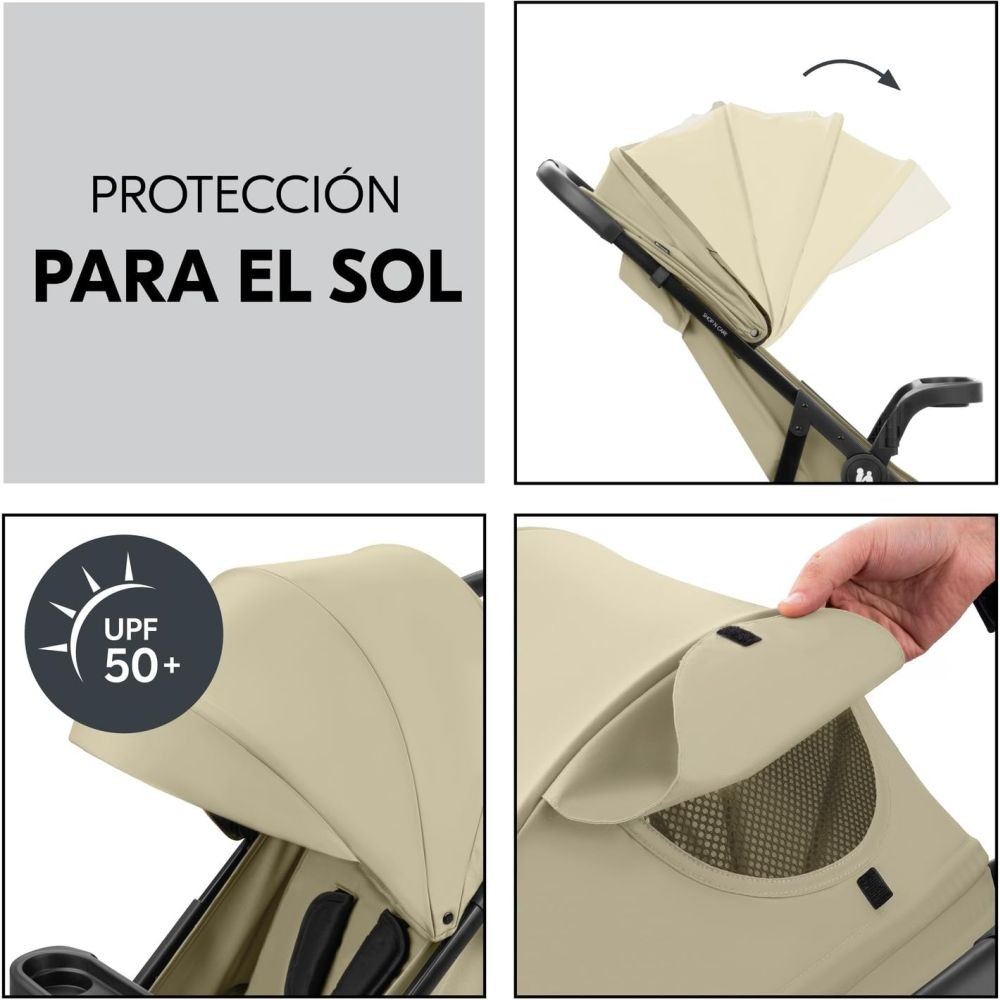 Detalles de protección solar: texto e imágenes que muestran la capota y UPF 50+.