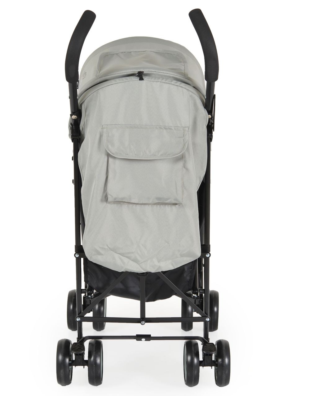 Grauer Baby-Kinderwagen von hinten, mit Griff, Aufbewahrungstasche und Rädern vor weißem Hintergrund.