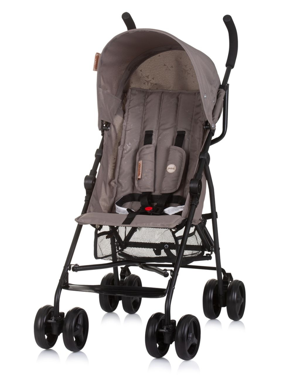 Ein taupefarbener Kinderwagen steht aufrecht und verfügt über ein Verdeck, einen gepolsterten Sitz und einen Netz-Ablagekorb.
