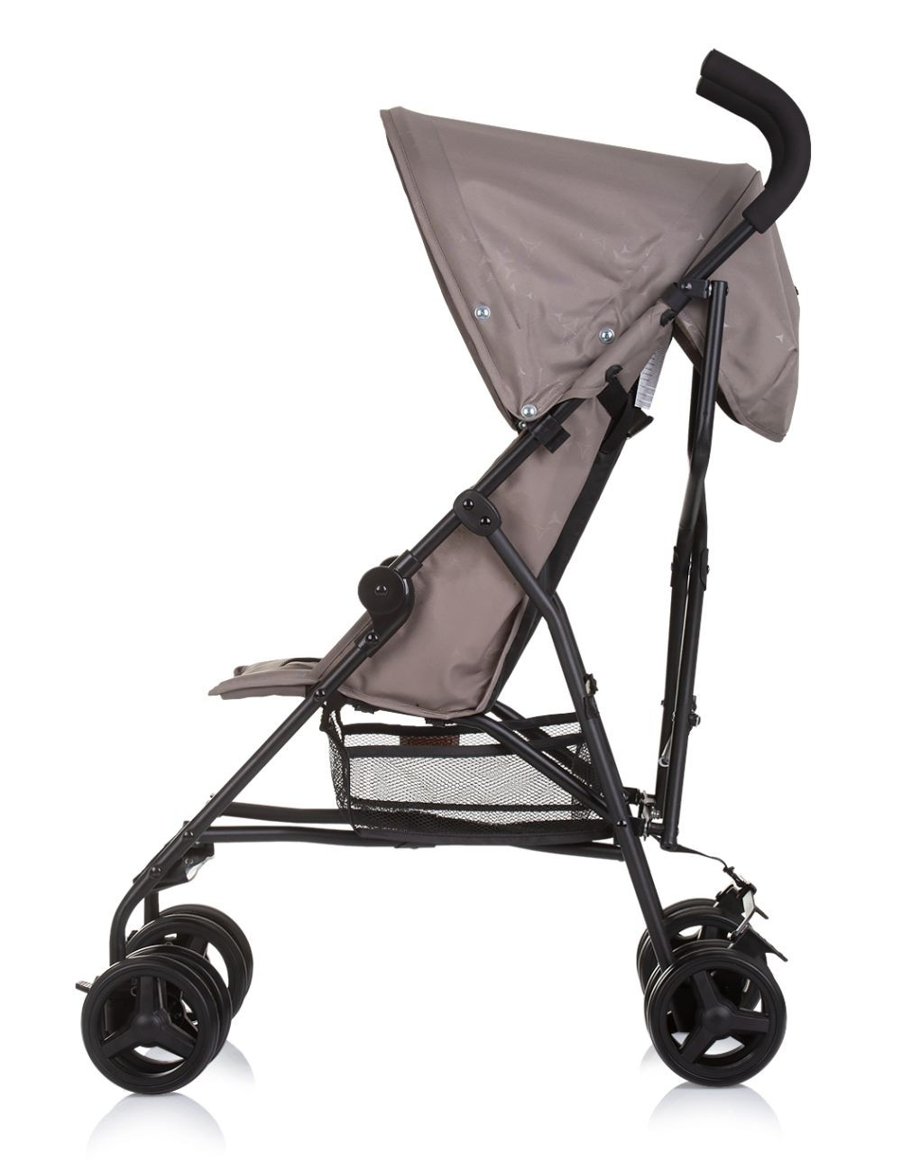 Seitenansicht eines grauen Kinderwagens mit schwarzem Rahmen, Verdeck und Rädern.