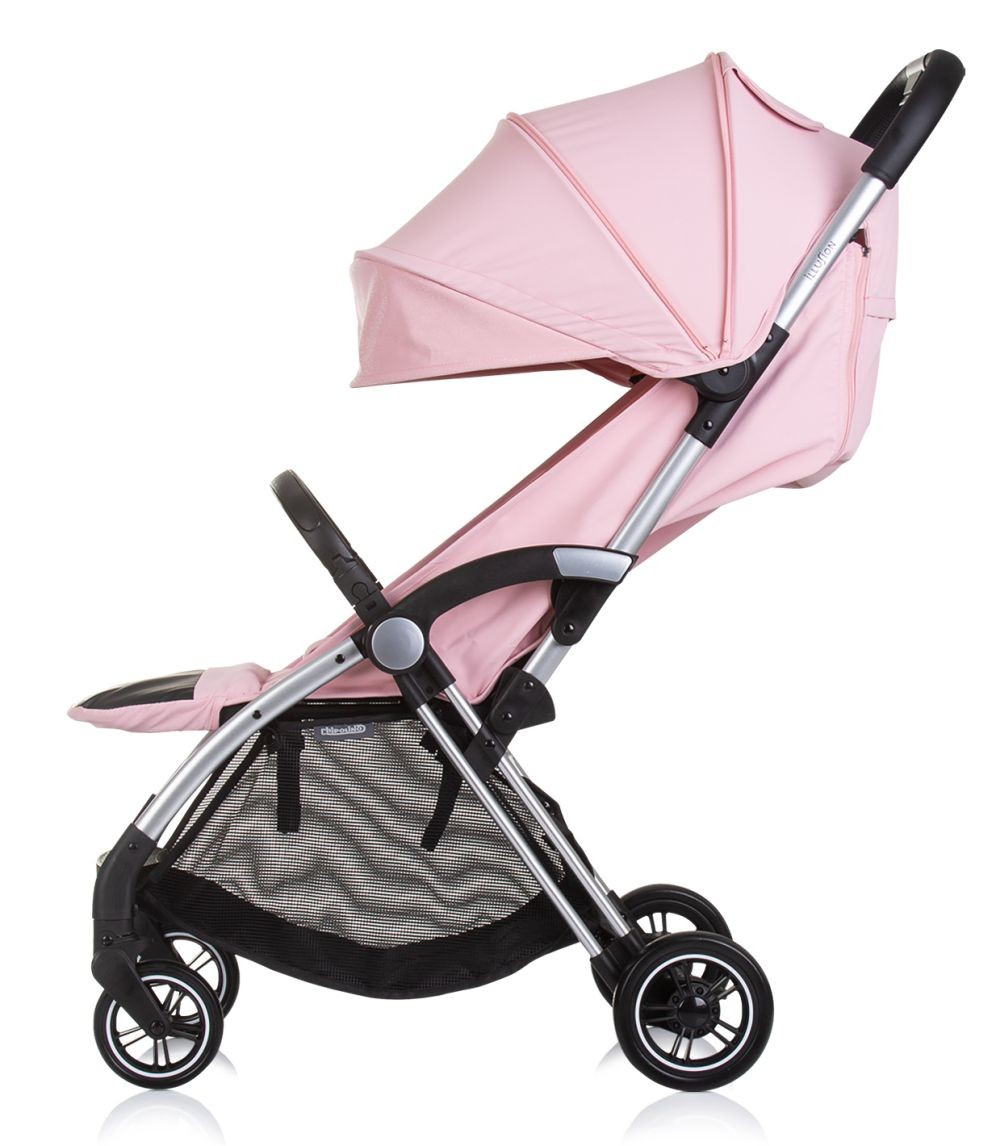 Seitenansicht eines rosa Kinderwagens mit silbernem Rahmen, Verdeck und schwarzen Rädern.