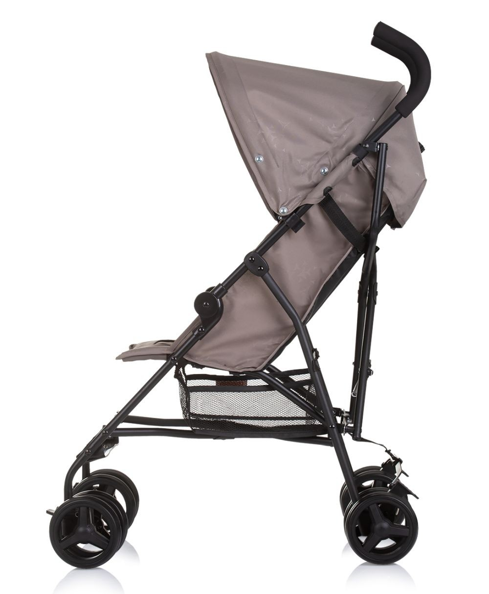Grauer Kinderwagen, schwarzer Rahmen und Räder, Seitenansicht. Schwarzer Korb. Weißer Hintergrund.