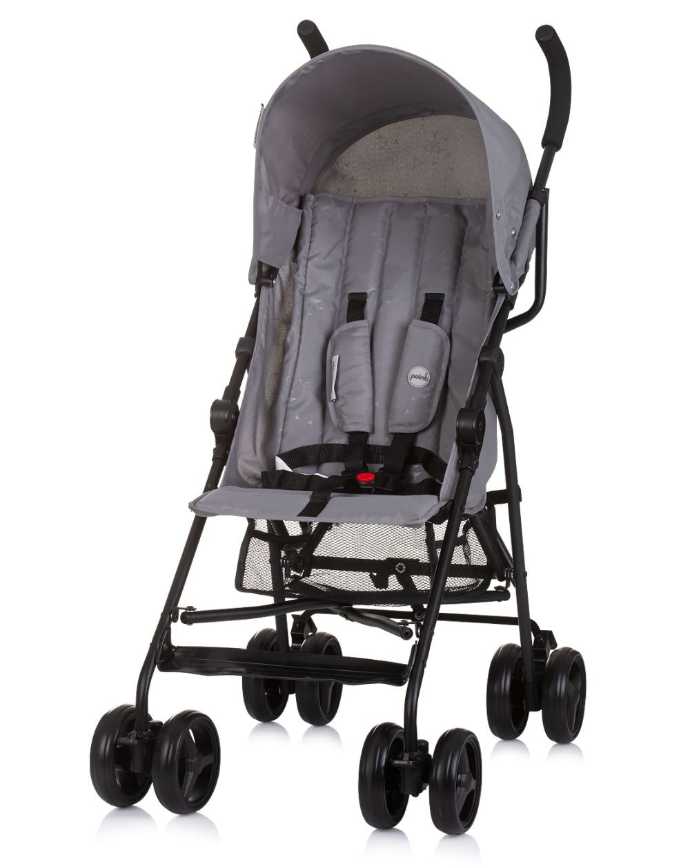 Grauer Kinderwagen mit schwarzem Rahmen und Rädern. Weißer Hintergrund. Frontansicht. Verdeck ausgezogen.
