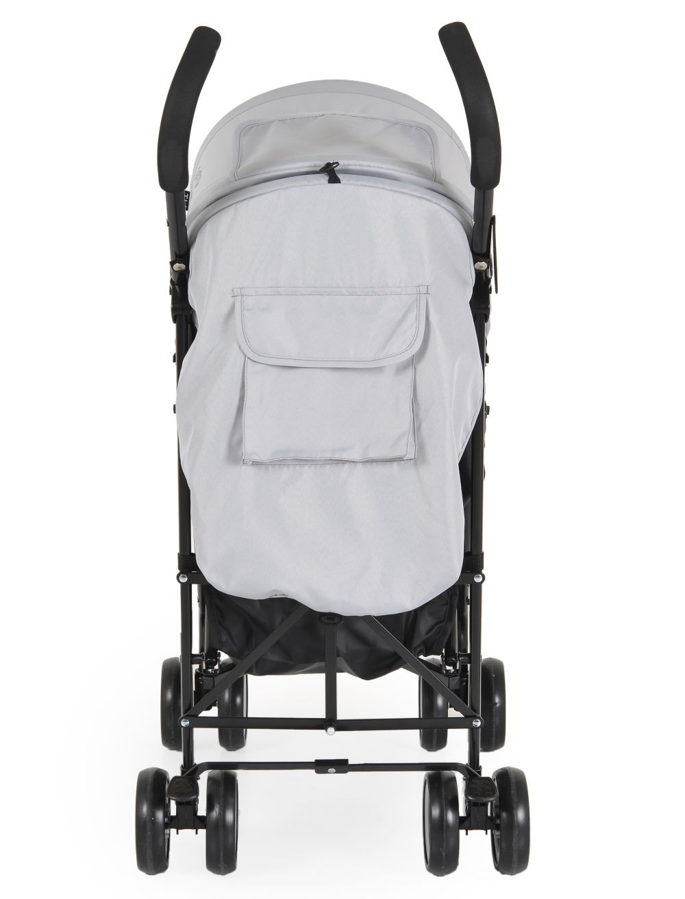 Schwarzer Kinderwagen von hinten gesehen. Graues Verdeck und eine Aufbewahrungstasche.