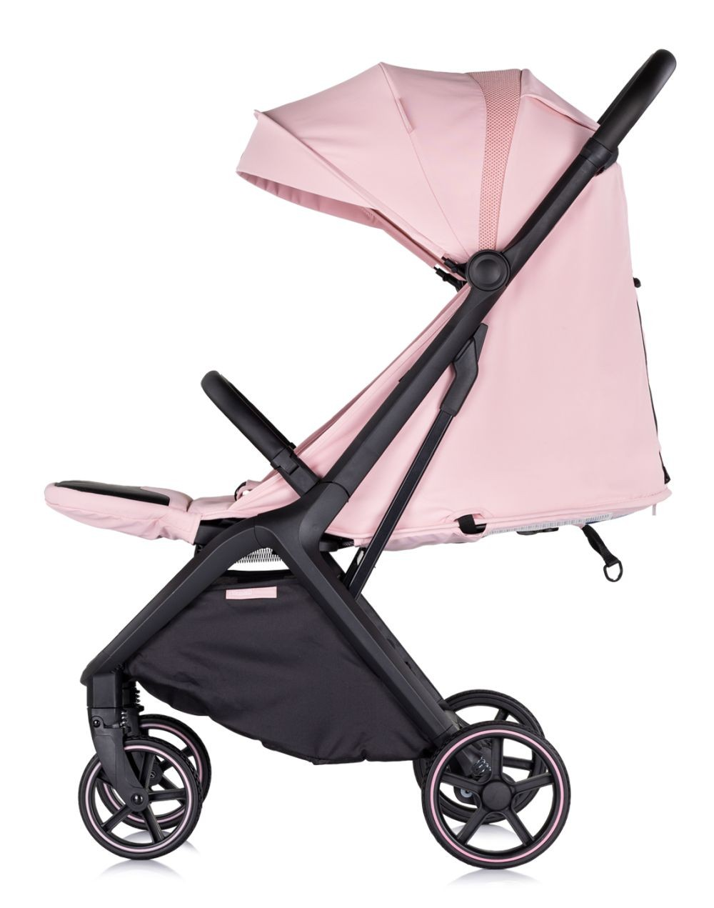 Ein rosa Kinderwagen mit schwarzem Rahmen, Rädern und Verdeck. Korb vorhanden.