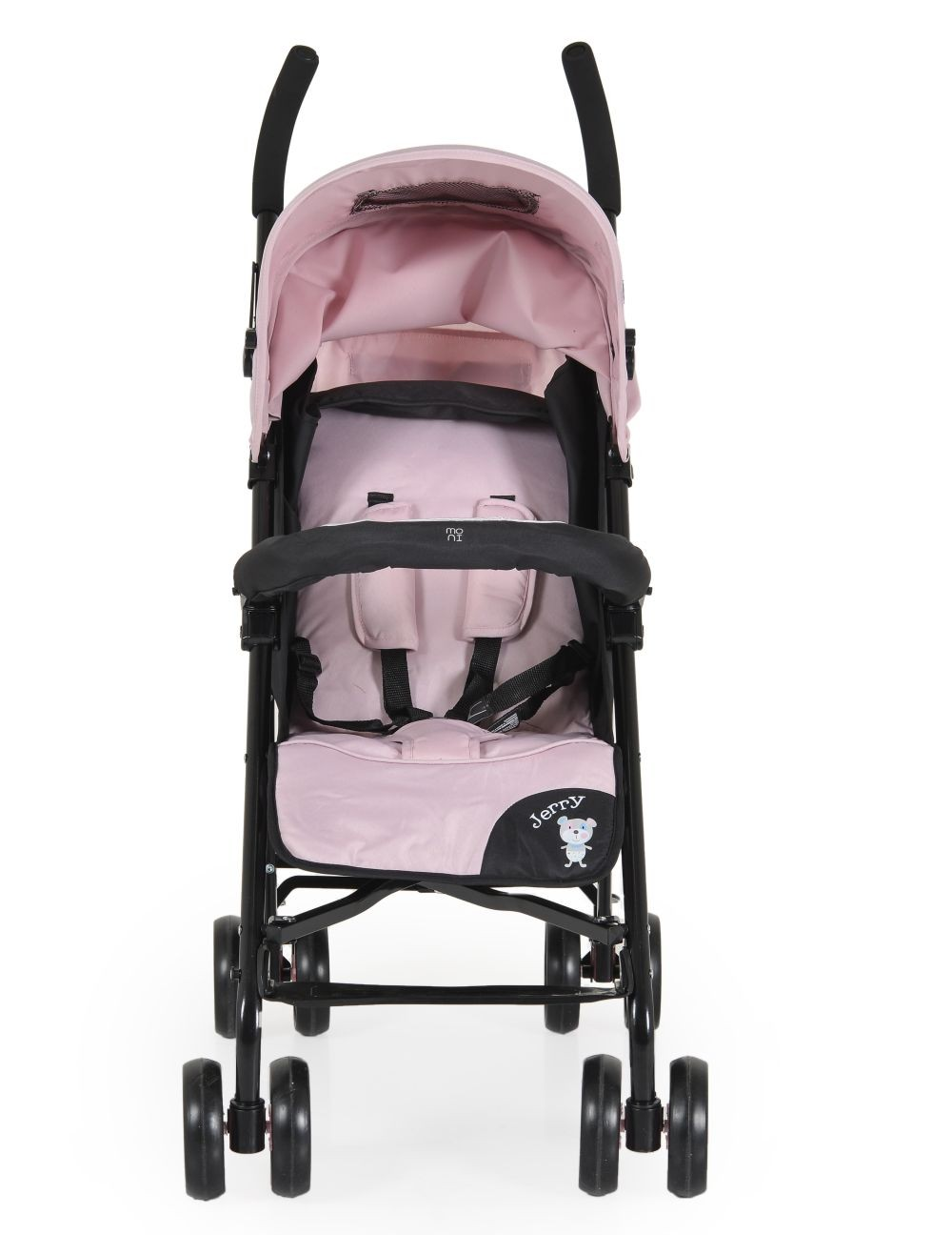 Rosa Kinderwagen Vorderansicht. Schwarzer Rahmen, Verdeck. Weißer Hintergrund.