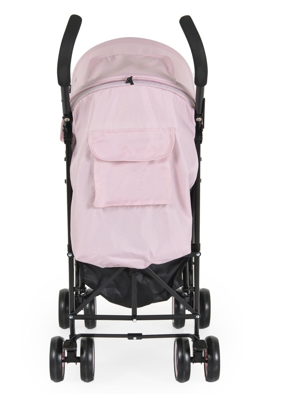 Rosa Kinderwagen, schwarzer Rahmen, vier Räder, Verdeck und Stauraum. Rückansicht, weiß isoliert.