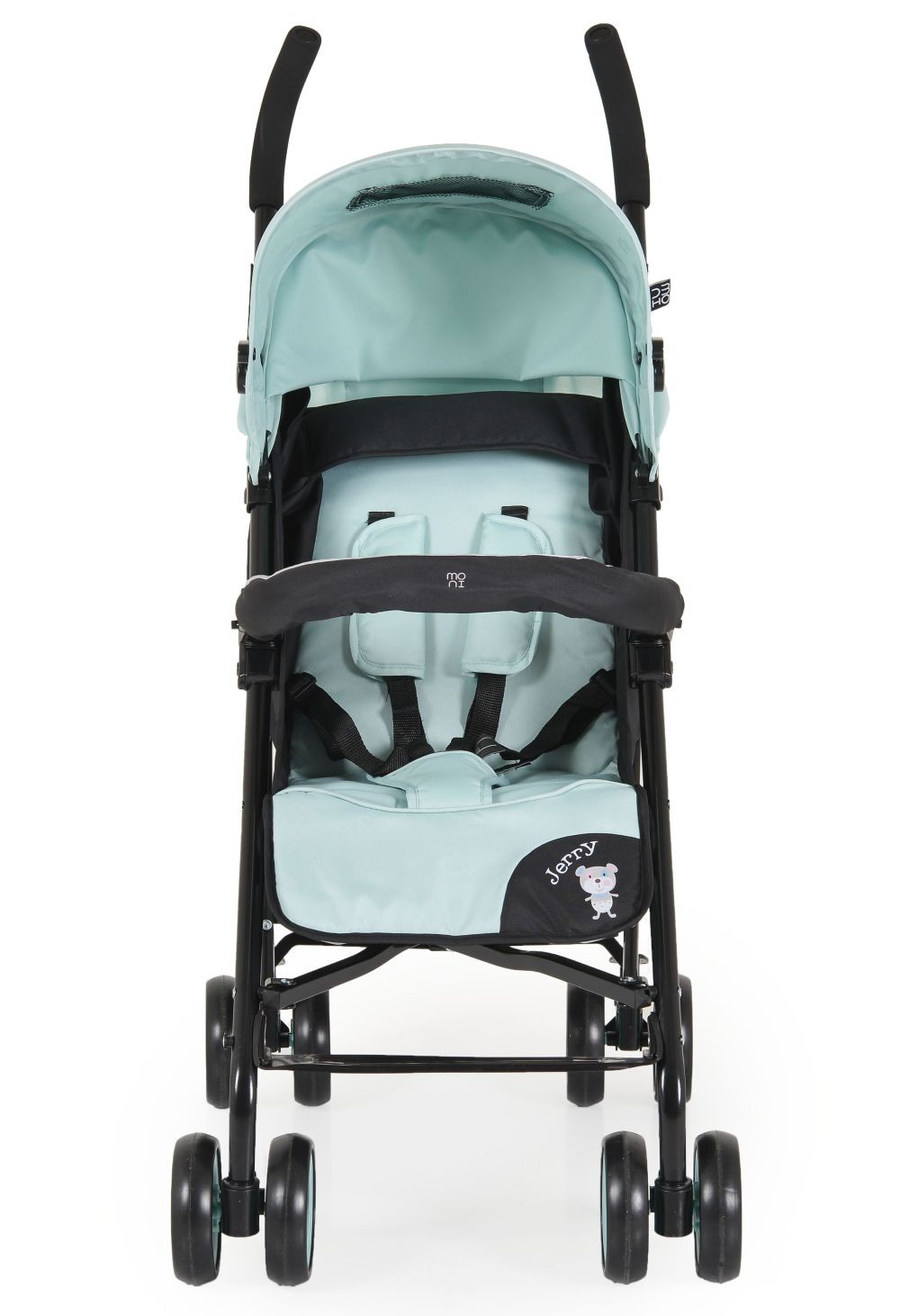 Vorderansicht eines mintgrünen Kinderwagens.