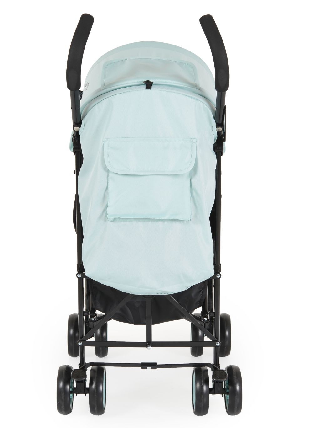 Rückansicht des mintgrünen Kinderwagens.