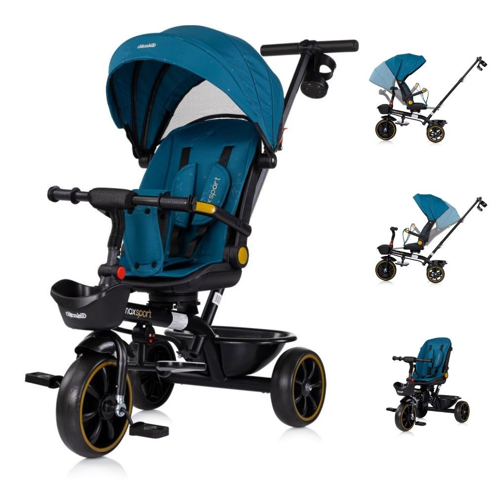 Un triciclo Maxsport azul y negro con parasol. Tiene tres ruedas y una cesta.