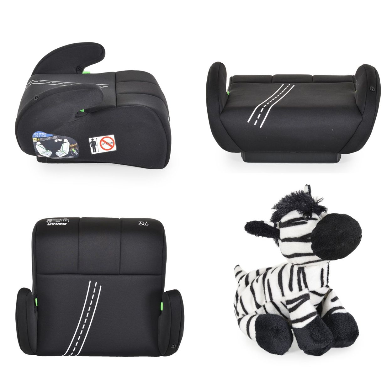 Schwarzer und grauer Kindersitz und Zebra-Spielzeug auf weißem Hintergrund.