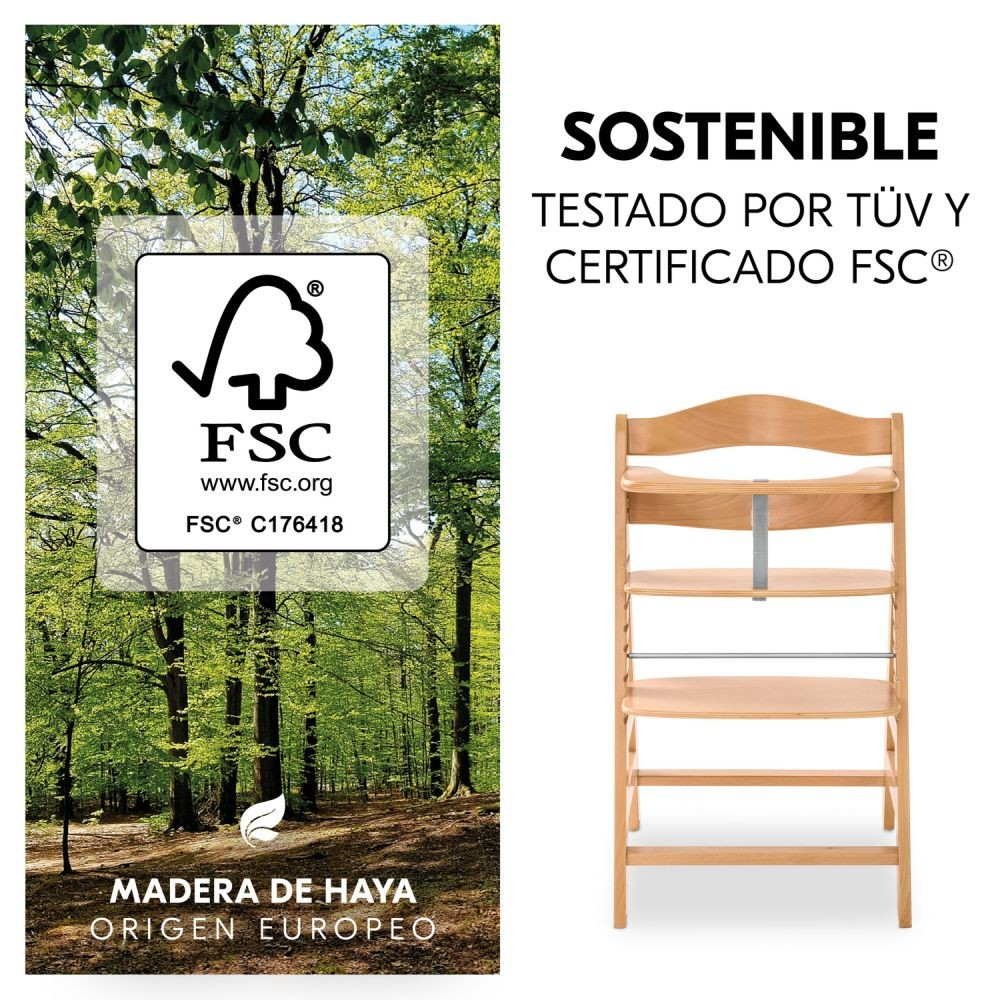 Trona y logo FSC sostenible. Texto: Sostenible. Probado por TÜV.