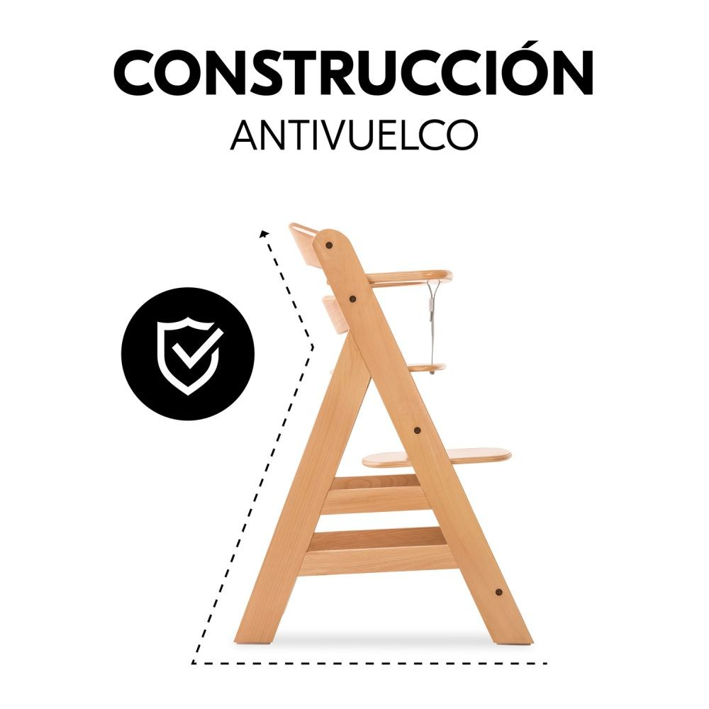 Silla alta de madera con texto 'CONSTRUCCIÓN ANTIVUELCO' e icono de verificación.