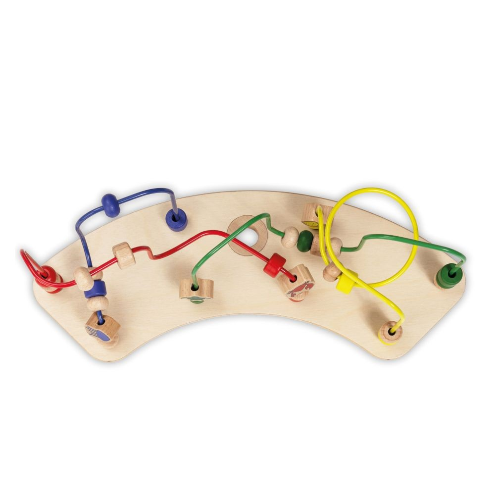 Holz-Perlenlabyrinth-Spielzeug auf gebogener Holzbasis mit bunten Perlen und Drähten.