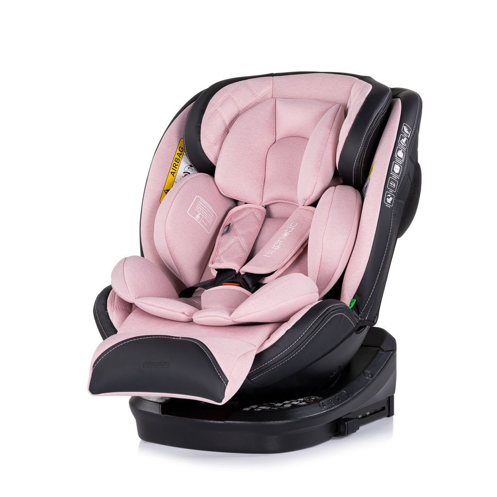 Rosa-schwarzer Autositz mit Seitenaufprallschutz und Gurt.