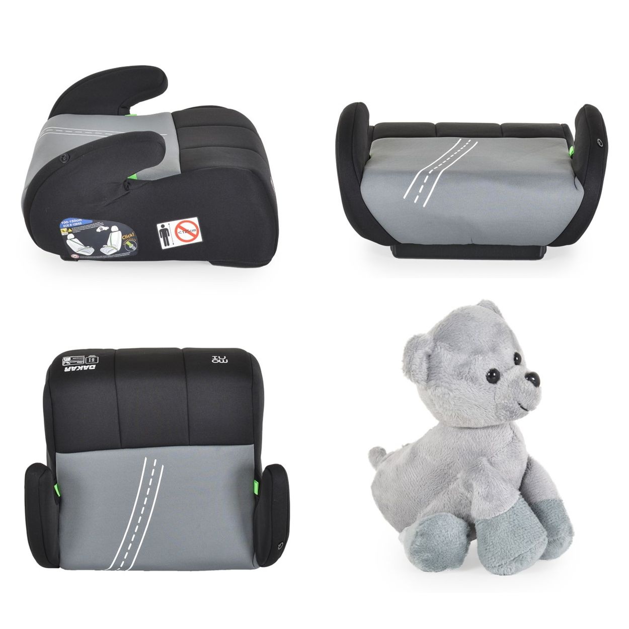 Kindersitz und ein grauer Teddybär. Der Sitz ist schwarz und grau.