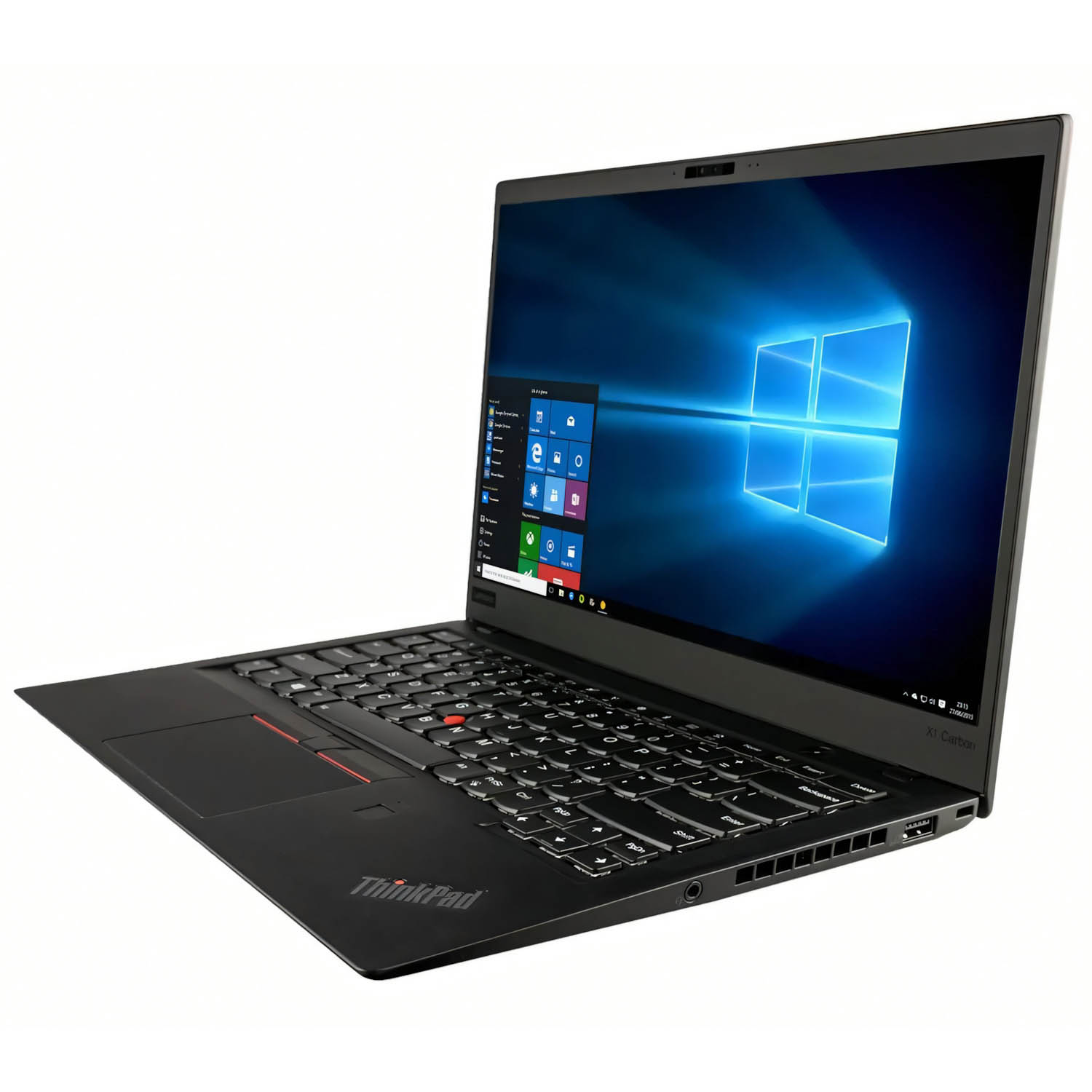 Lenovo ThinkPad negro abierto sobre fondo blanco. Escritorio Windows visible. Teclado y pantalla visibles.