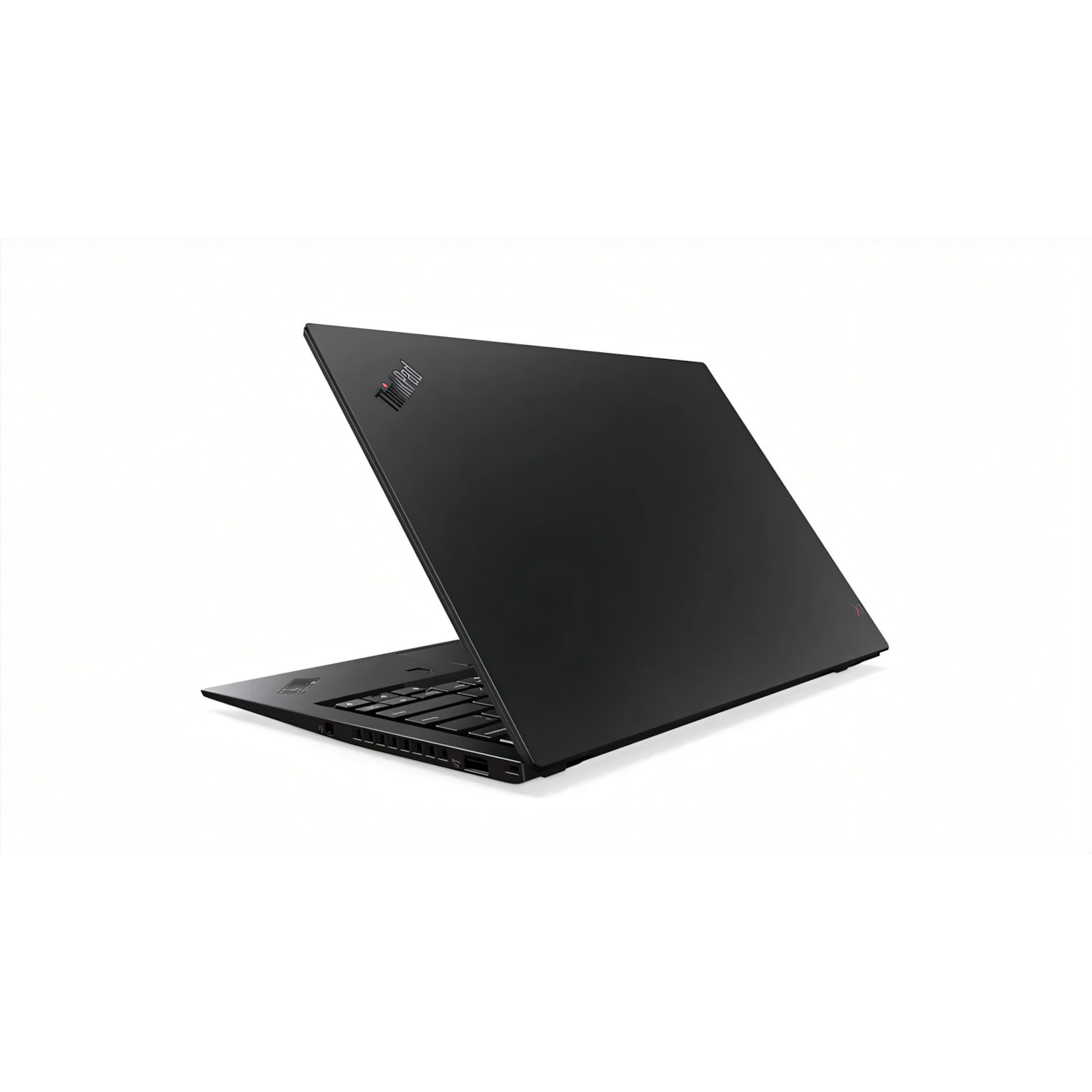 Lenovo ThinkPad negro cerrado, vista trasera, sobre fondo blanco.