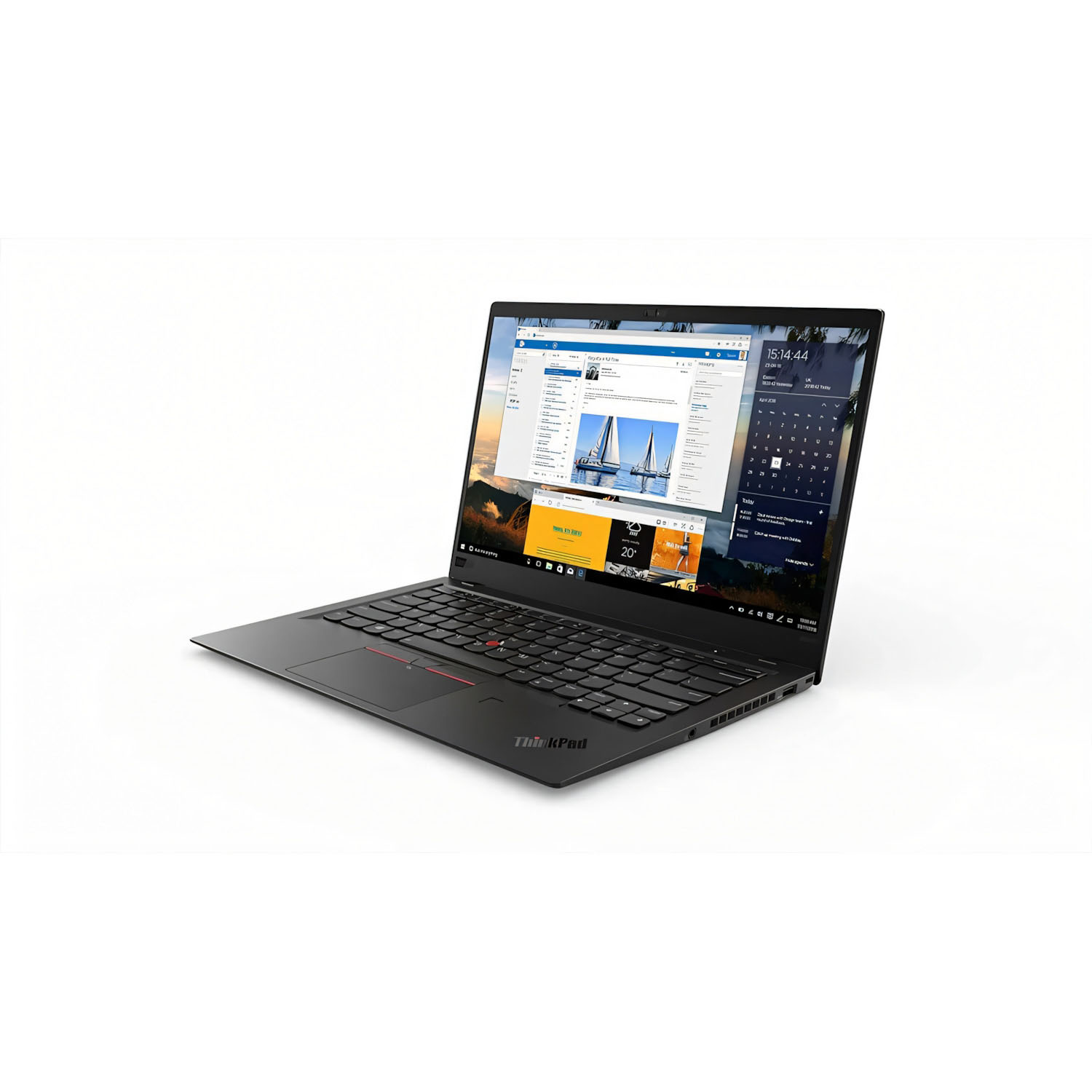 Lenovo ThinkPad negro sobre fondo blanco. Abierto con calendario y correo. Teclado y pantalla visibles.