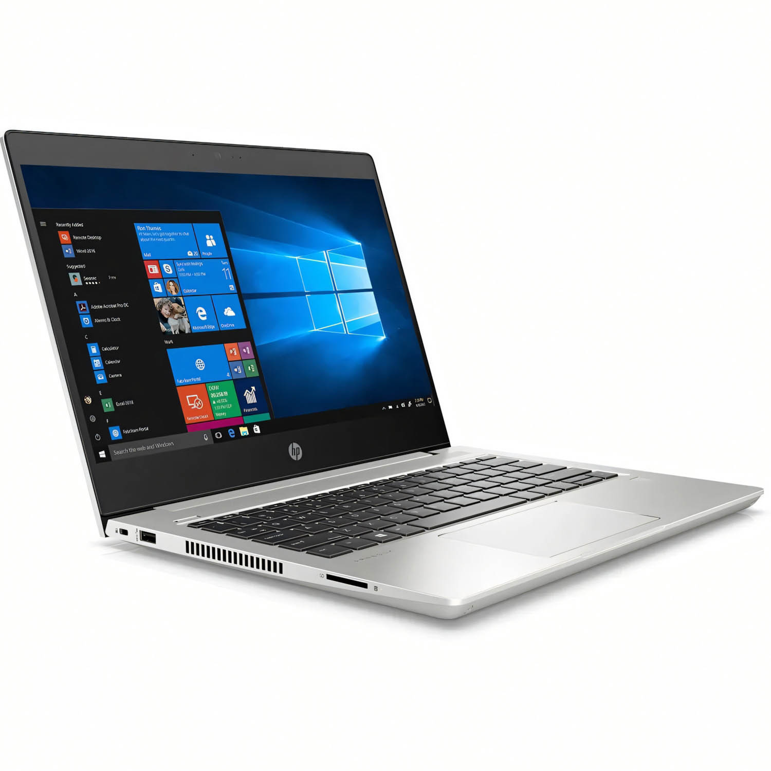 Portátil plateado sobre fondo blanco. Abierto con escritorio Windows. Teclado y pantalla visibles. Logotipo HP.