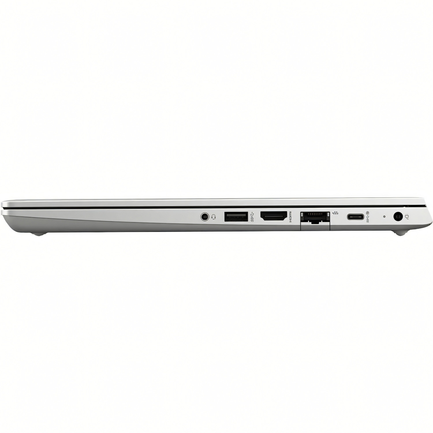 El lateral de un portátil plateado con varios puertos. Los puertos incluyen auriculares, USB, HDMI y otros.