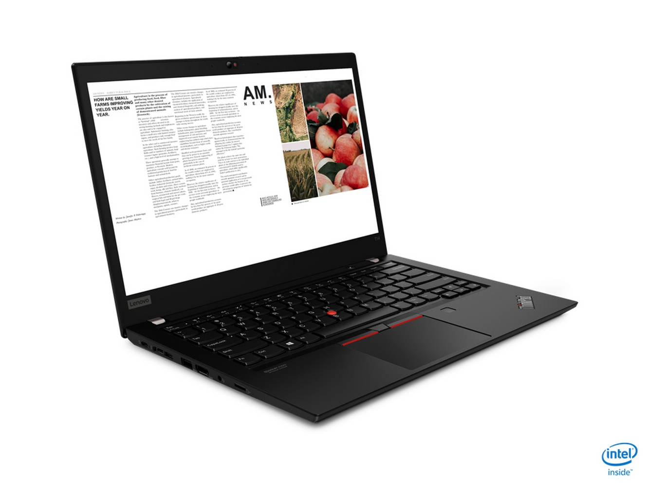 Un laptop Lenovo nero mostra un articolo di notizie sull'agricoltura. Lo schermo mostra testo e immagini di pesche e colture.