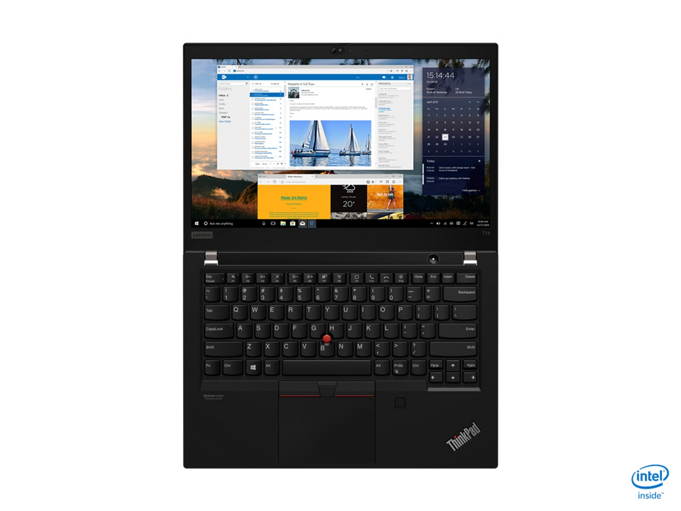 Laptop ThinkPad nero aperto su bianco, che mostra finestre. La tastiera è visibile. Logo Intel inside in basso.