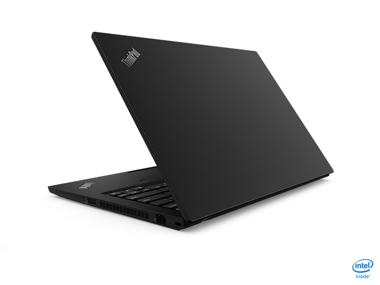 Vista posteriore del laptop ThinkPad nero, angolato. Coperchio chiuso, con logo ThinkPad. Logo Intel inside visibile.